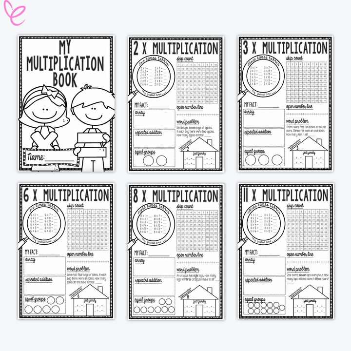 Digital download Multiplication Book Revision Homework pages displayed on a ecommerce background.