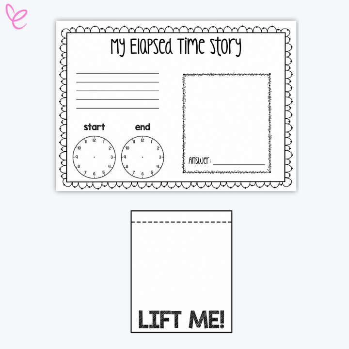 Interactive Elapsed Time Activities digital download featuring creative storytelling elements for mastering time-telling skills. Displayed on a white background.