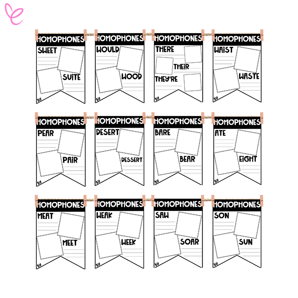 Interactive Homophone Banners digital download displayed, featuring banners designed for student language mastery and classroom engagement. Displayed on a white background.