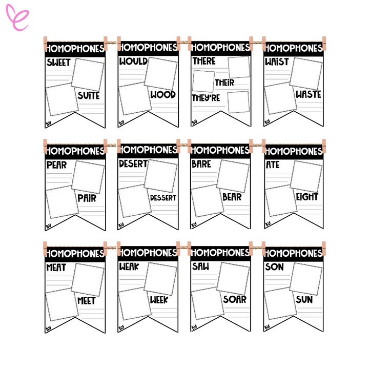 Interactive Homophone Banners digital download displayed, featuring banners designed for student language mastery and classroom engagement. Displayed on a white background.