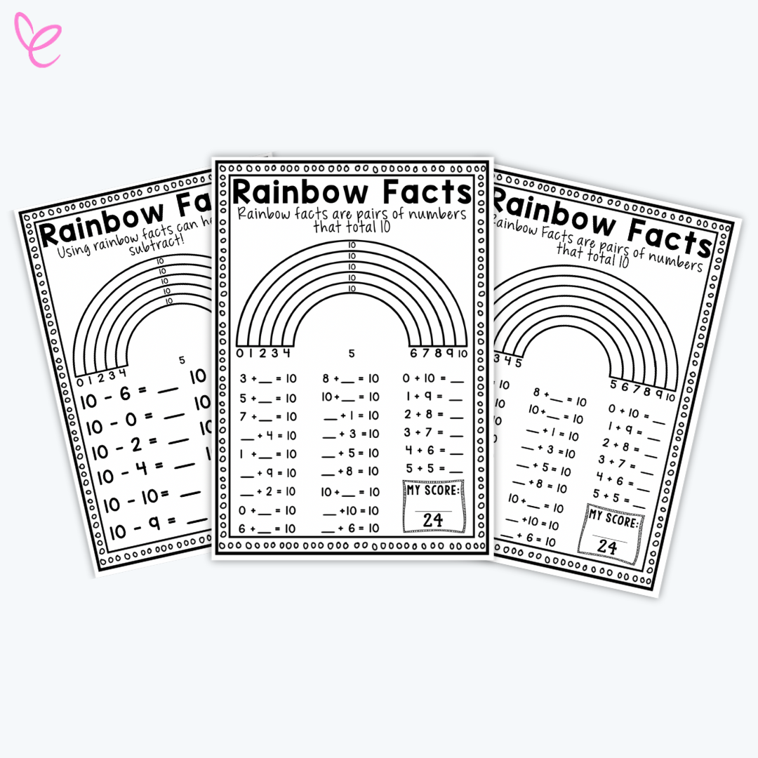 Rainbow Facts Worksheet displayed on an ecommerce photo with math problems for addition and subtraction practice, designed for classroom use.