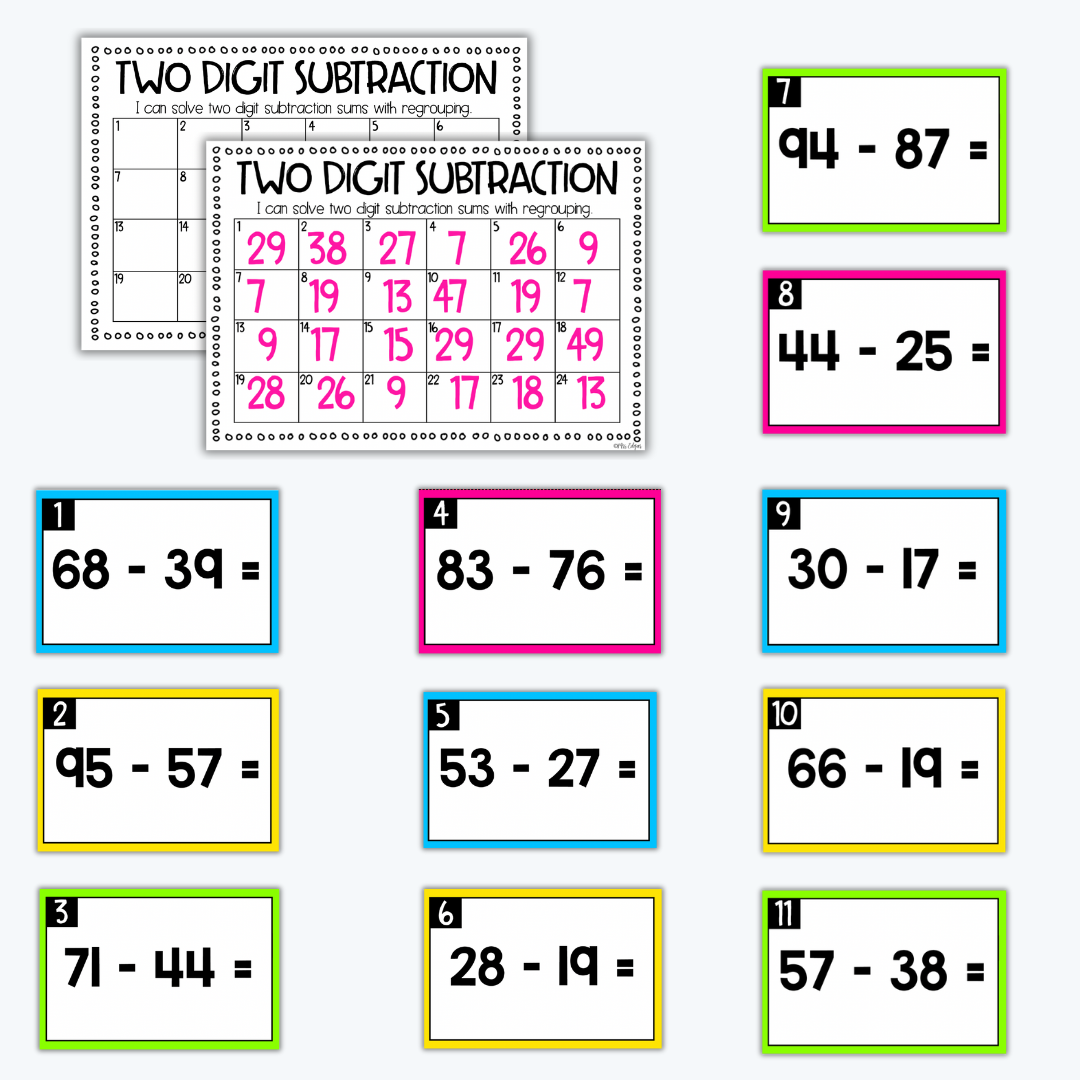 Two-Digit Subtraction with Regrouping Task Cards digital download displayed with colourful subtraction cards.