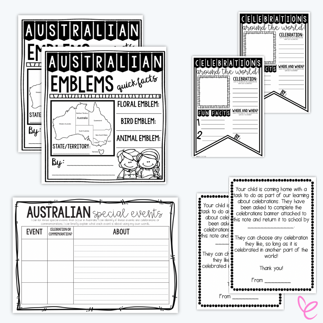 Digital Year 3 HASS printable worksheets on a white background, featuring Australian special events, emblems, and celebrations around the world activities.