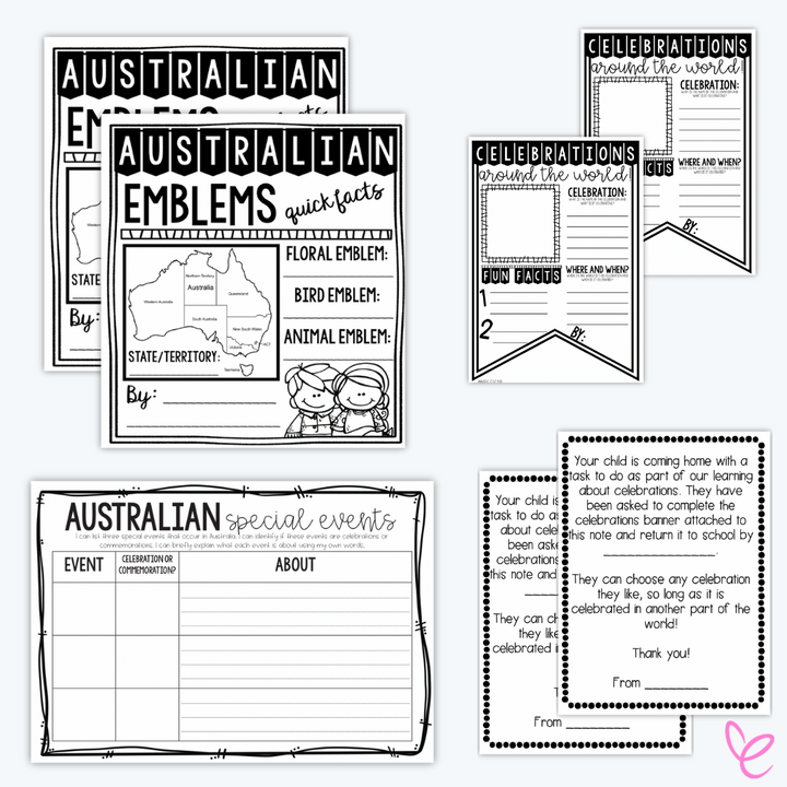 Digital Year 3 HASS printable worksheets on a white background, featuring Australian special events, emblems, and celebrations around the world activities.