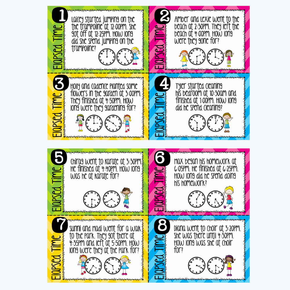 Colourful Elapsed Time Task Cards for Grade 3 and Grade 4 displayed on a white background showcasing engaging maths activities.