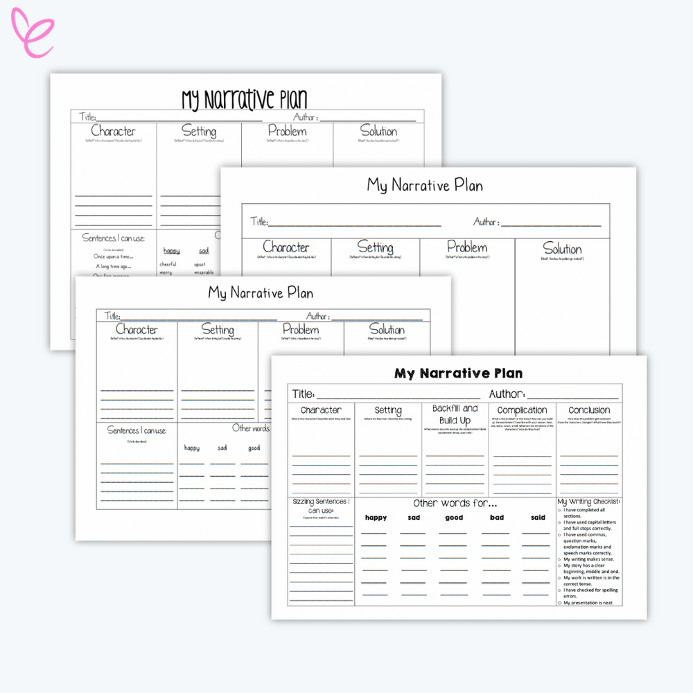 Five Narrative Writing Planning Templates displayed on a white background showing structured sections for storytelling.