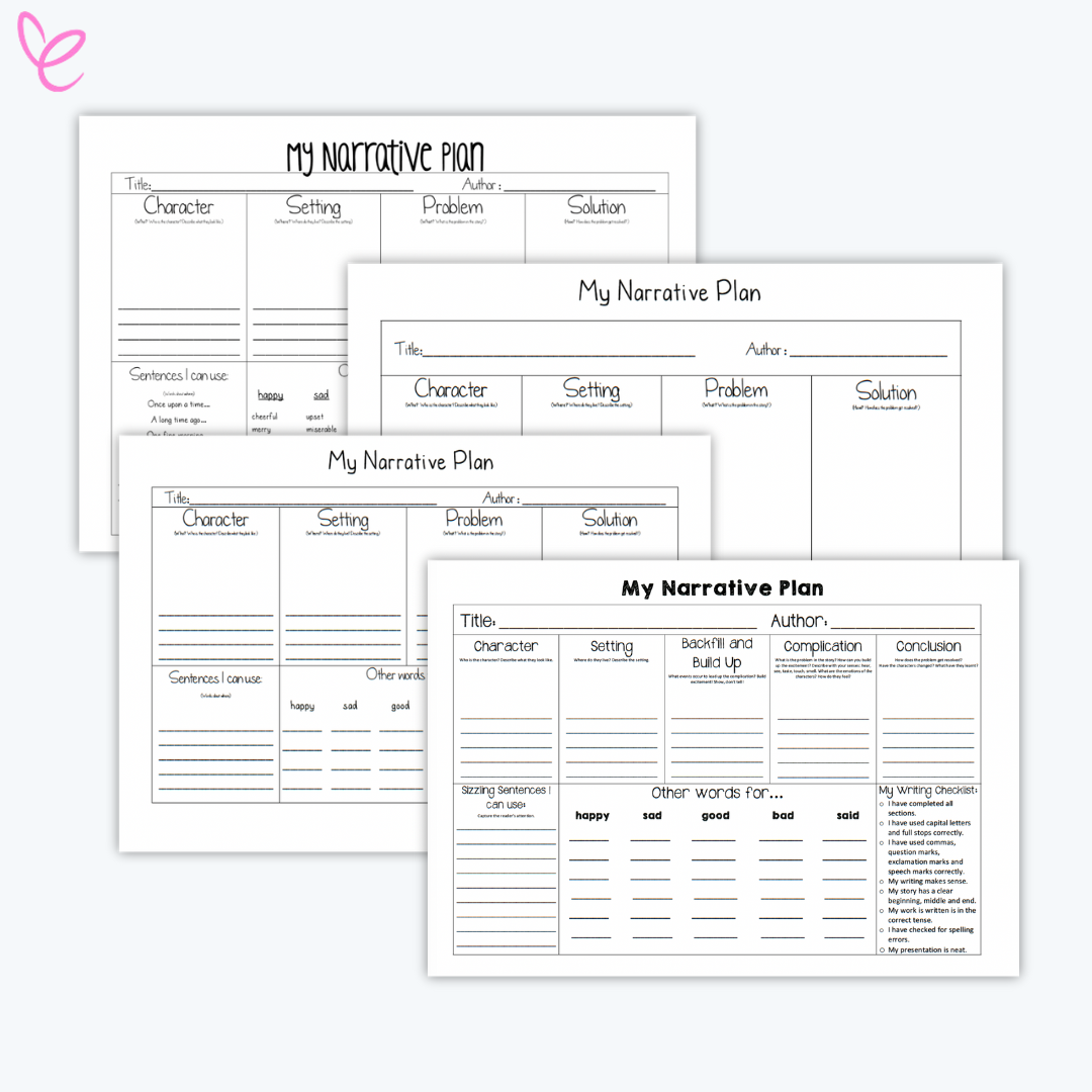 Five Narrative Writing Planning Templates displayed on a white background showing structured sections for storytelling.