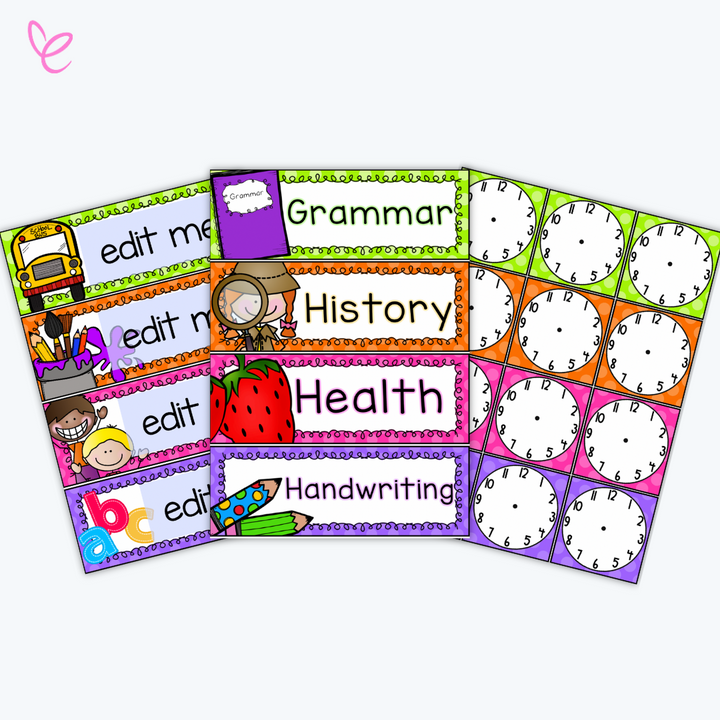 Editable classroom schedule cards arranged to showcase organised daily routines, featuring colourful designs for easy visual planning.