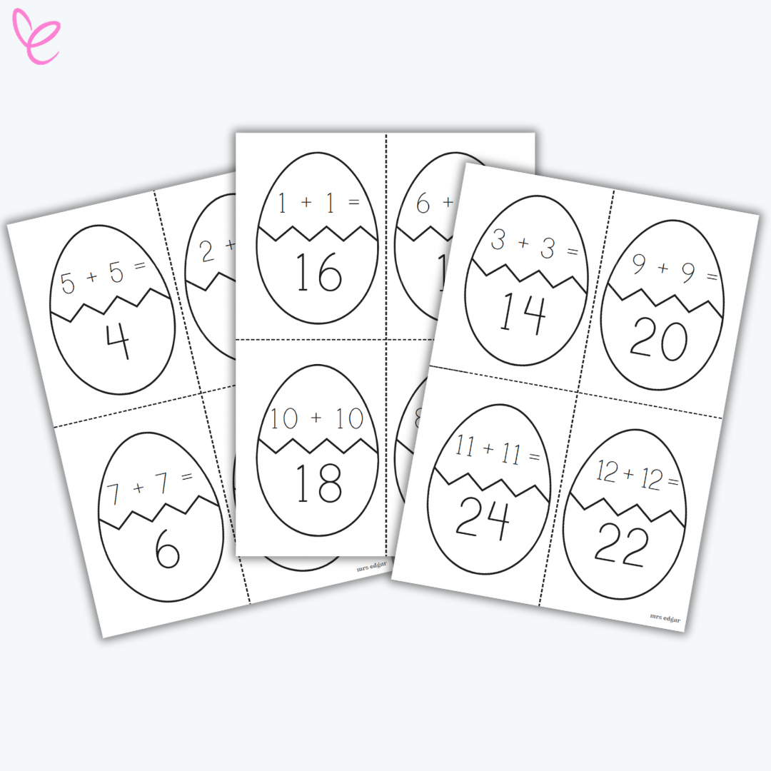 Easter Doubles & Near Doubles Puzzles digital printable showing colourful egg-shaped math puzzles on a white background.