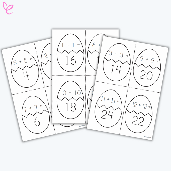 Easter Doubles & Near Doubles Puzzles digital printable showing colourful egg-shaped math puzzles on a white background.