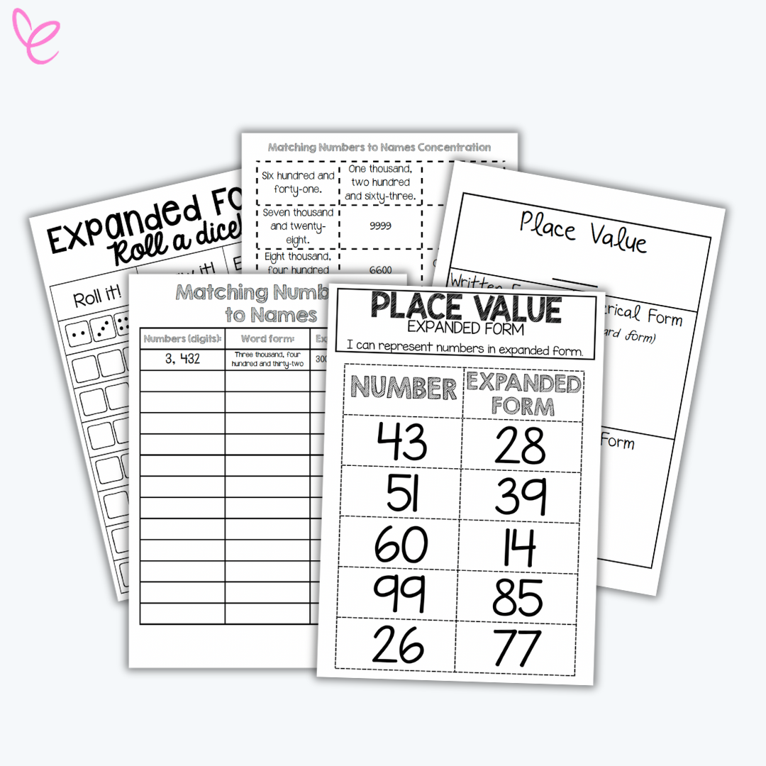 Place Value Activities digital teacher printable with place value mats, number cards on a white background.