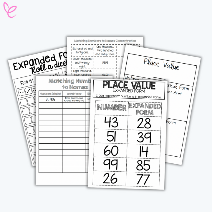 Place Value Activities digital teacher printable with place value mats, number cards on a white background.