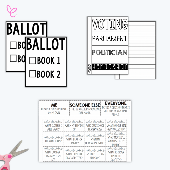 HASS Year 3 Civics and Citizenship digital download activity bundle featuring topics on Voting and Democracy, Importance of Rules, and Community Participation