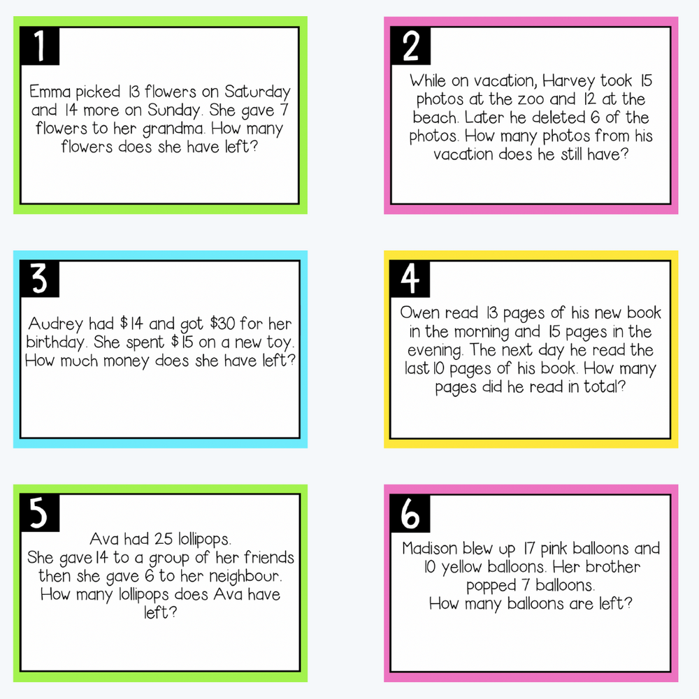 A photo of the colourful digital teacher printable 'Interactive Multi-Step Word Problems Task Cards' featuring a white background.