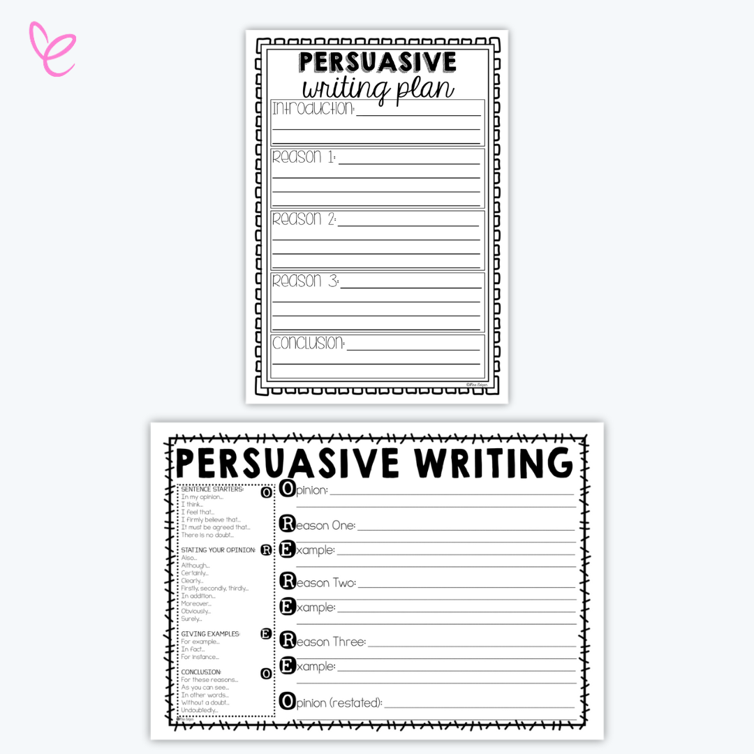 Two black-and-white persuasive writing templates. The first template titled 'Persuasive Writing Plan' has sections for introduction, three reasons, and a conclusion. The second template titled 'Persuasive Writing' features the OREO acronym for structuring opinion writing with spaces for reasons and examples.