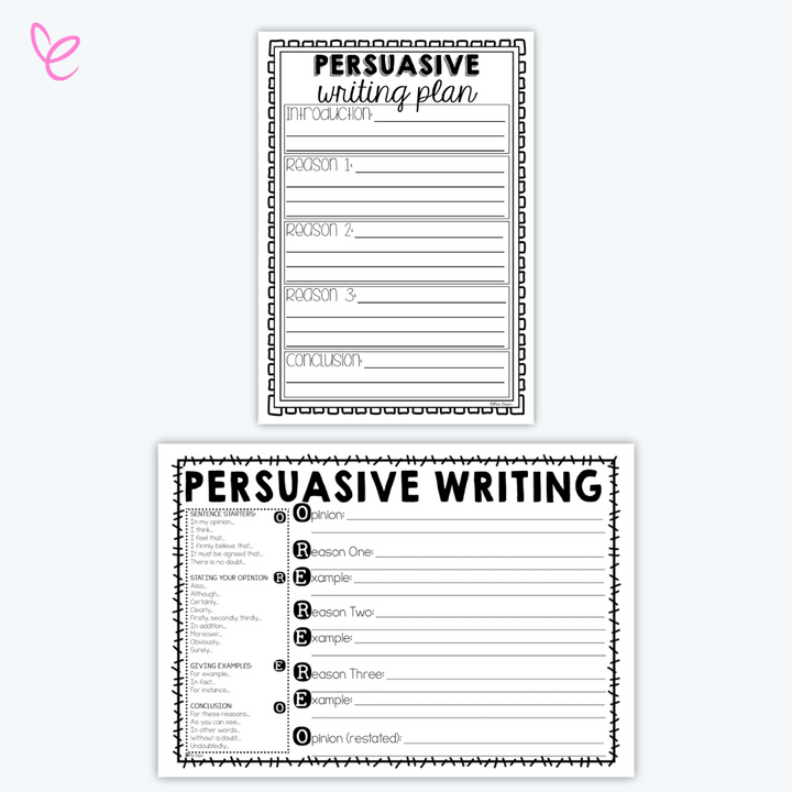 Two black-and-white persuasive writing templates. The first template titled 'Persuasive Writing Plan' has sections for introduction, three reasons, and a conclusion. The second template titled 'Persuasive Writing' features the OREO acronym for structuring opinion writing with spaces for reasons and examples.