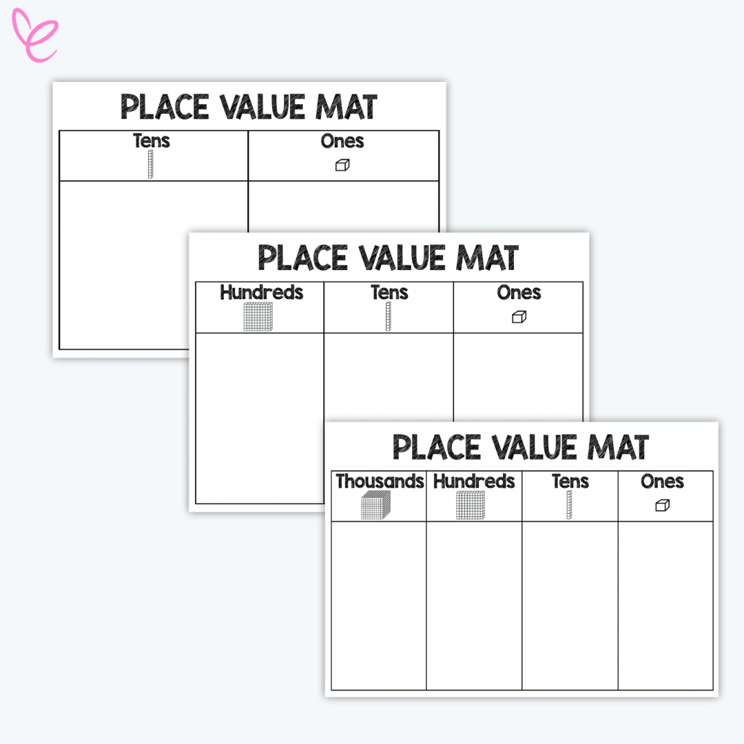 Three place value mats stacked together, showing columns for 'Tens,' 'Ones,' 'Hundreds,' and 'Thousands' with visual cube representations. 