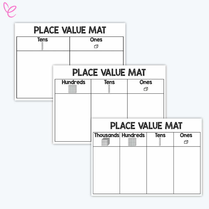 Three place value mats stacked together, showing columns for 'Tens,' 'Ones,' 'Hundreds,' and 'Thousands' with visual cube representations. 