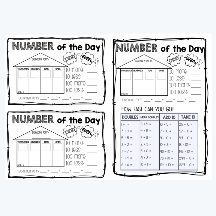 A set of 'Number of the Day' math worksheets for young learners. One page focuses on place value and number comparisons, while the other includes a math fluency challenge with addition and subtraction exercises. The sheets have a hand-drawn, engaging style