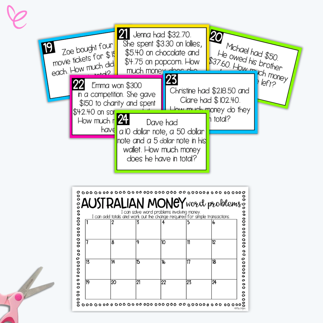 A set of task cards for Australian money word problems, numbered 19 to 24, with real-life scenarios requiring addition and subtraction of monetary values. The bottom section features a recording sheet titled 'Australian Money Word Problems,' with spaces to match answers for all 24 tasks.