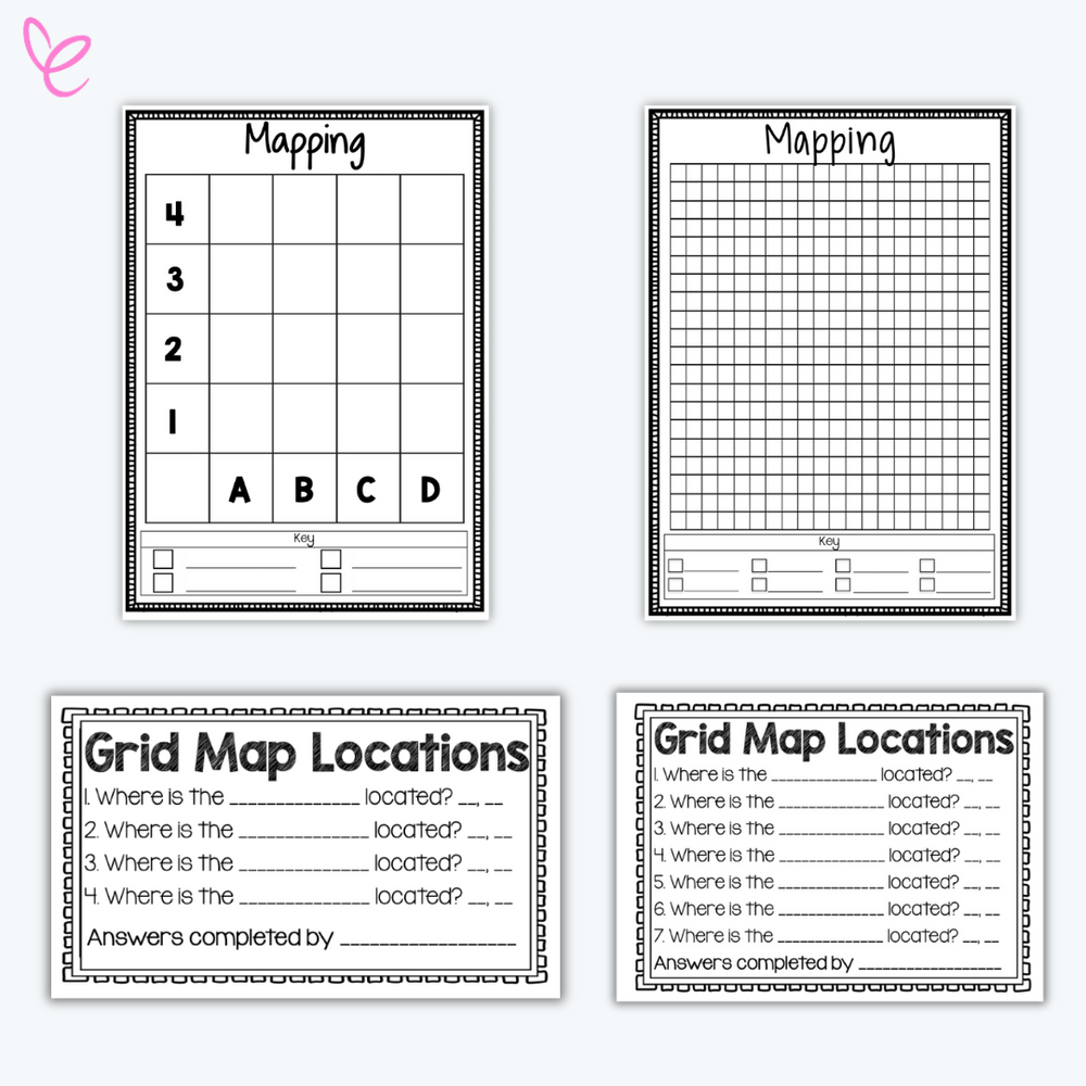 Four printable templates for grid mapping activities, including a 4x4 grid, a detailed large grid, and two 'Grid Map Locations' sheets for students to record coordinates and answers. Each template includes space for keys and labels to enhance mapping and spatial awareness skills.