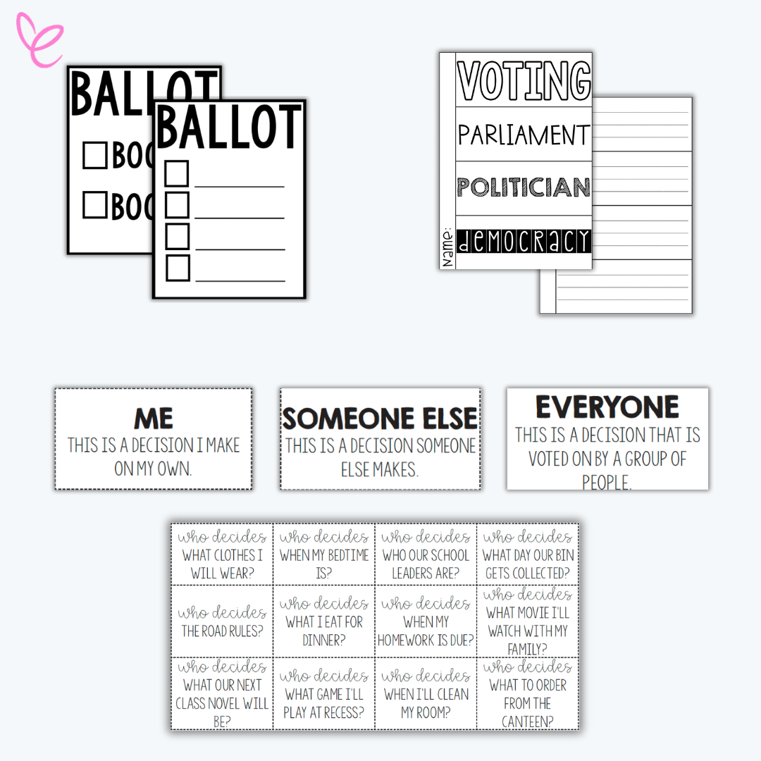 A collection of printable resources for Year 3 Civics and Citizenship, including ballot templates, vocabulary worksheets on voting and democracy, decision-making cards categorised as 'Me,' 'Someone Else,' and 'Everyone,' and a set of 'Who Decides?' activity cards with everyday scenarios.