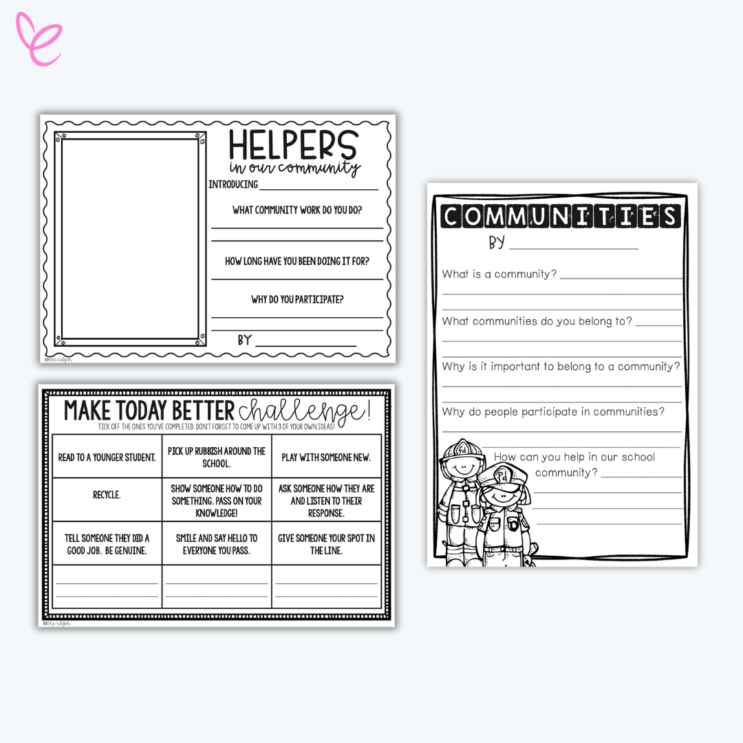 Black-and-white printable worksheets focusing on community and kindness. These resources encourage students to reflect on their roles in the community and complete kindness challenges.