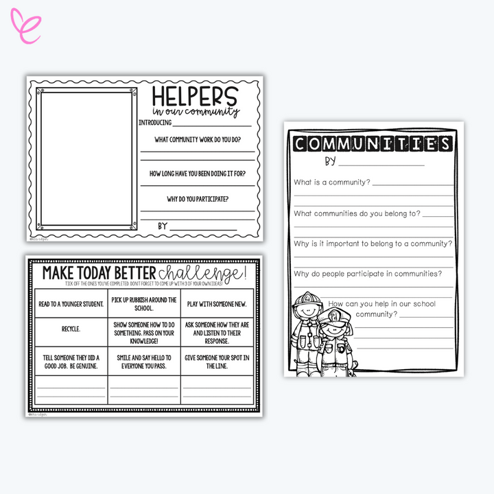 Black-and-white printable worksheets focusing on community and kindness. These resources encourage students to reflect on their roles in the community and complete kindness challenges.