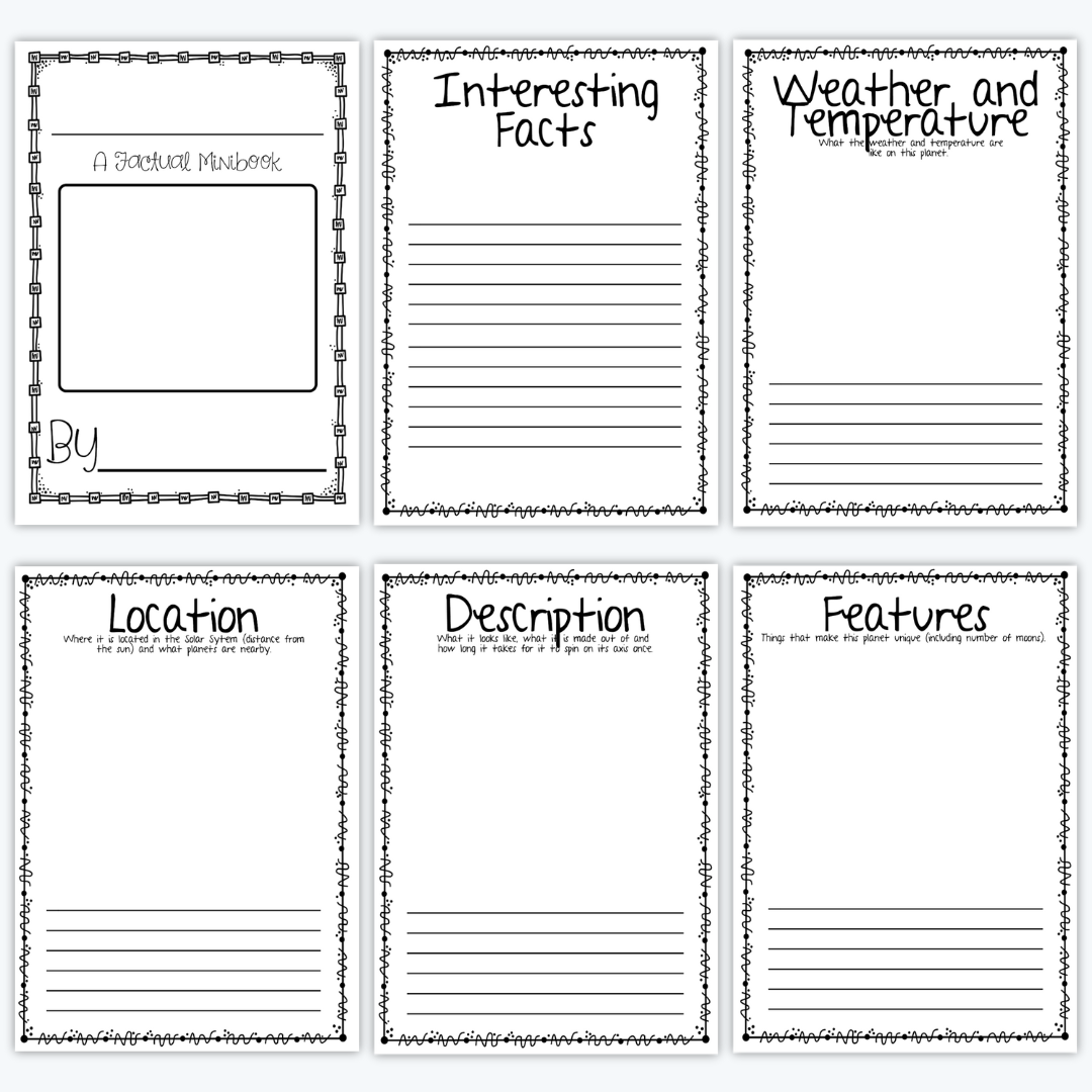 Black-and-white printable pages for a Planet Report Mini-Book, featuring sections like 'Location,' 'Description,' 'Features,' 'Weather and Temperature,' and 'Interesting Facts.' 