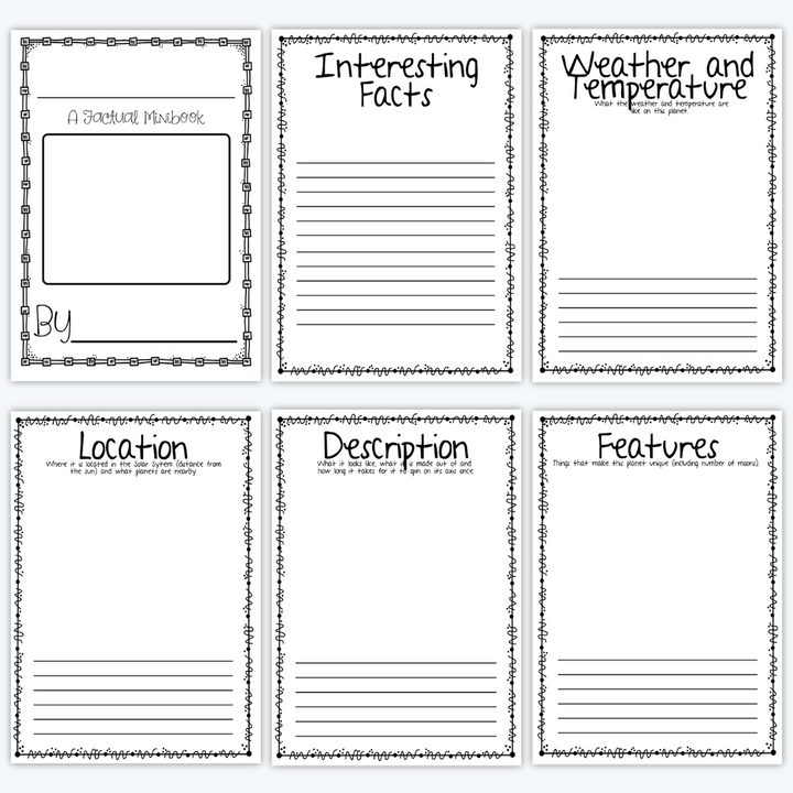 Black-and-white printable pages for a Planet Report Mini-Book, featuring sections like 'Location,' 'Description,' 'Features,' 'Weather and Temperature,' and 'Interesting Facts.' 