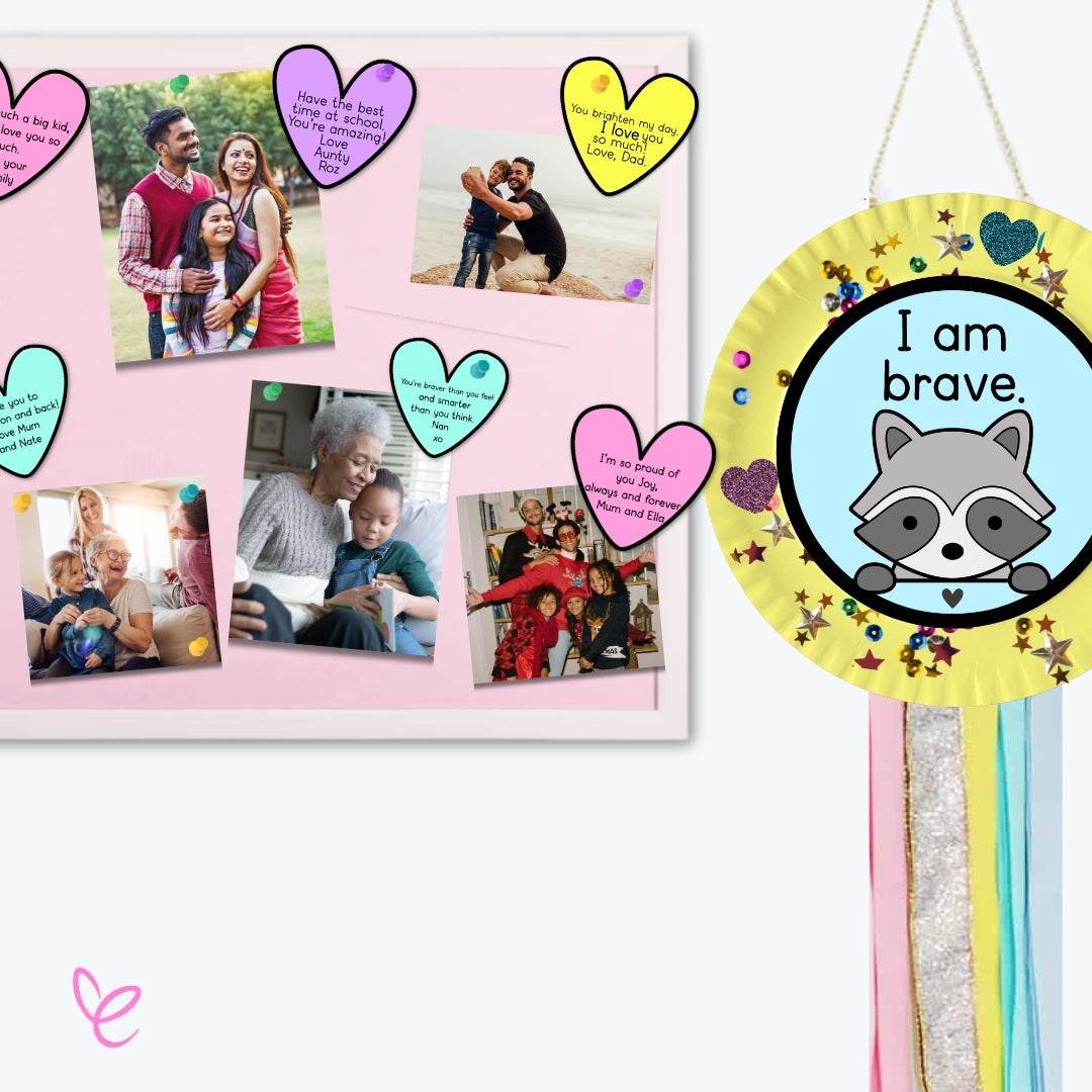 A classroom bulletin board with family photos pinned alongside colorful heart-shaped messages of encouragement from parents. The "I am brave" craft hangs beside it, featuring a raccoon illustration.