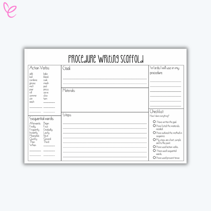 Black-and-white Procedure Writing Scaffold featuring prompts for goals, materials, steps, and a checklist to help students structure their procedure writing.