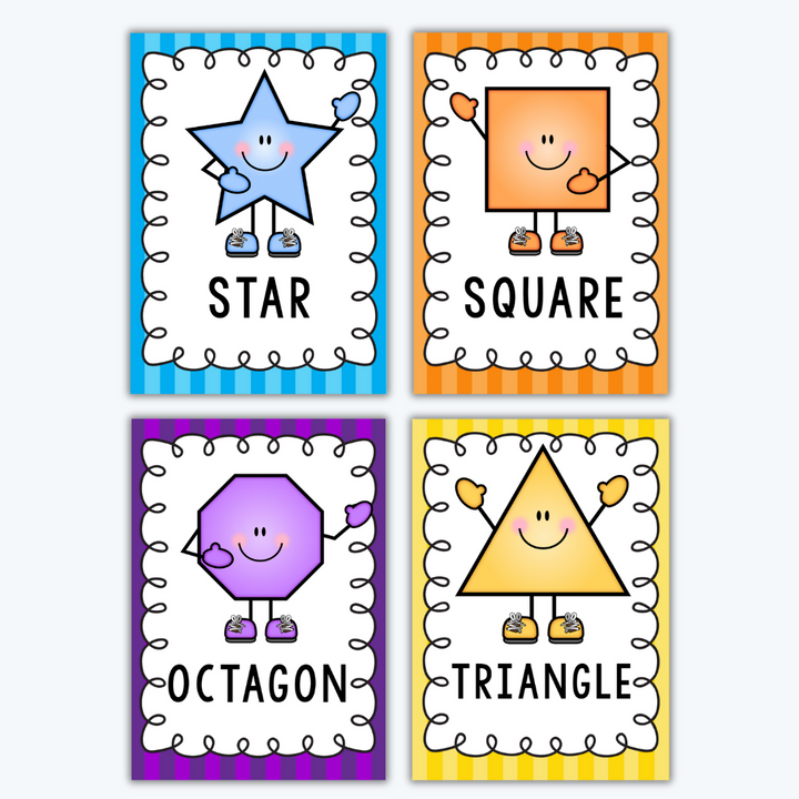 Four bright, cartoon-style shape posters featuring smiling shapes with arms and legs. Includes a blue star, orange square, purple octagon, and yellow triangle with a striped background.