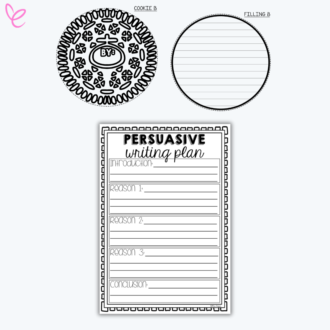 Black-and-white persuasive writing teaching resource featuring a worksheet shaped like an OREO cookie with two components. Includes a 'Persuasive Writing Plan' template with labelled sections for Introduction, Reason 1, Reason 2, Reason 3, and Conclusion to guide students in organising their arguments effectively.