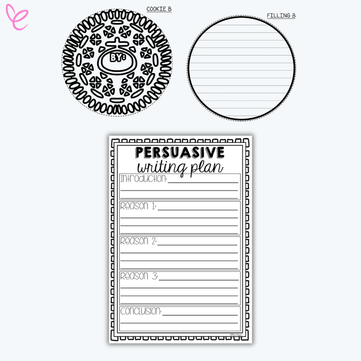 Black-and-white persuasive writing teaching resource featuring a worksheet shaped like an OREO cookie with two components. Includes a 'Persuasive Writing Plan' template with labelled sections for Introduction, Reason 1, Reason 2, Reason 3, and Conclusion to guide students in organising their arguments effectively.