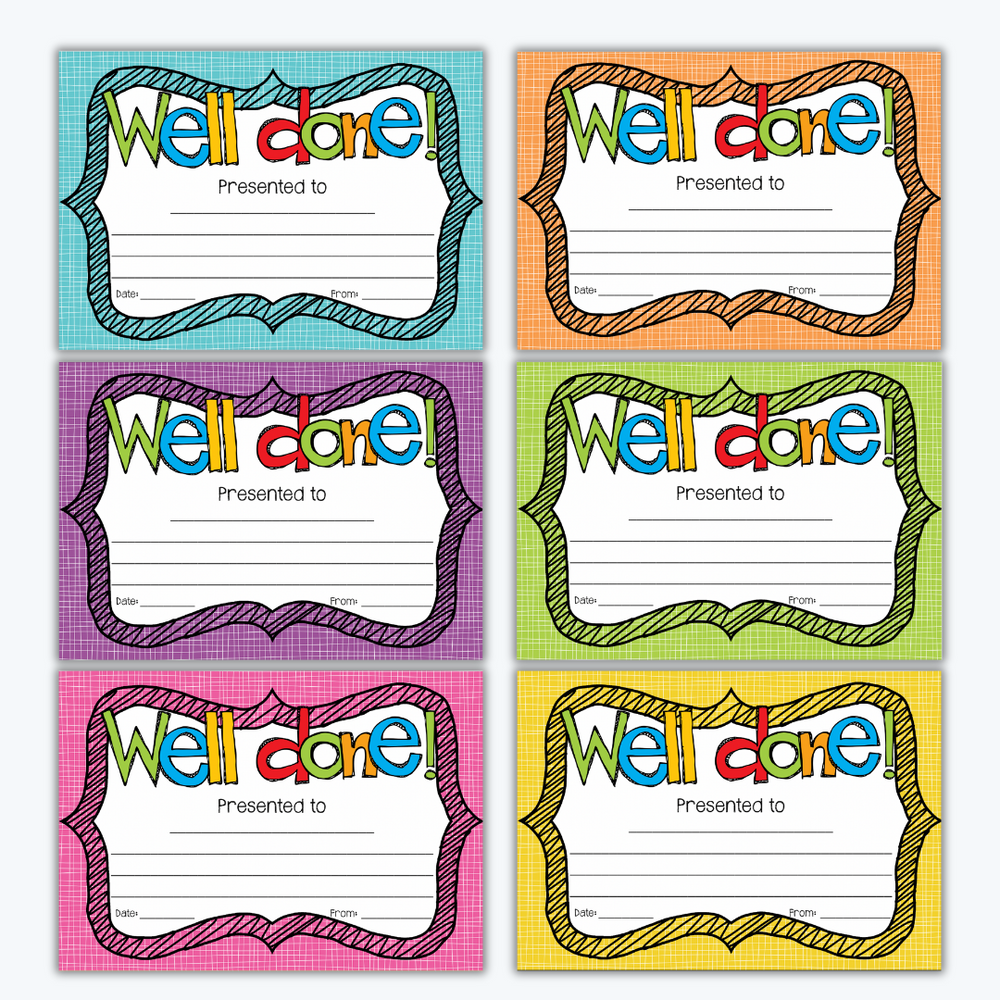 Six colourful 'Well Done' certificates in a variety of bright backgrounds including blue, orange, purple, green, pink, and yellow, with space for recipient details.