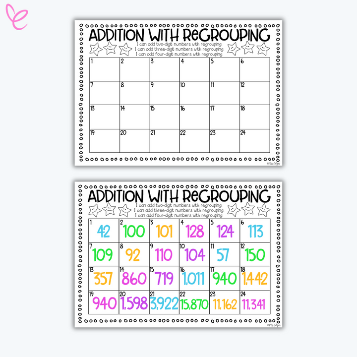 Two worksheets titled 'Addition with Regrouping.' One is a blank chart for recording answers, and the other features completed sums with vibrant numbers.