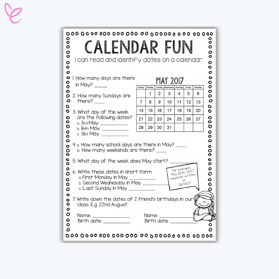 Calendar Fun activity sheet with questions about the May 2017 calendar, including counting Sundays, identifying specific dates, and writing dates in short form.