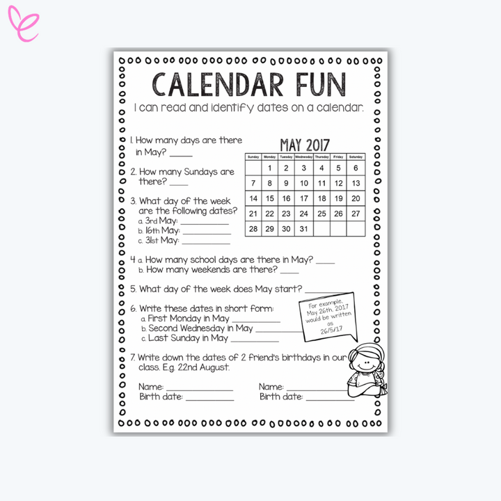 Calendar Fun activity sheet with questions about the May 2017 calendar, including counting Sundays, identifying specific dates, and writing dates in short form.