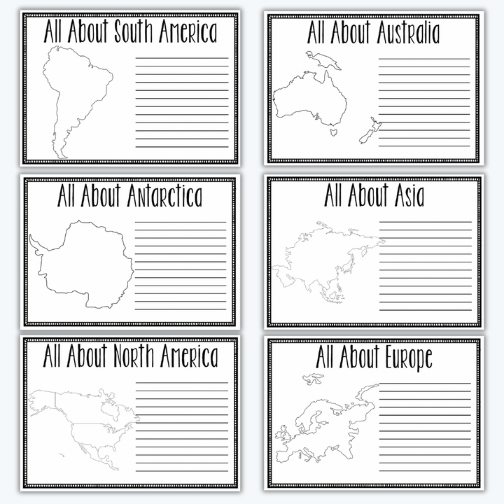 Six "All About" continent worksheets for students. Each sheet features a simple outline of a continent (South America, Australia, Antarctica, Asia, North America, Europe) alongside lined space for writing, designed in black and white for easy printing.