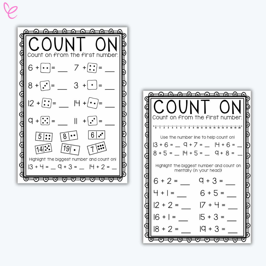 Two worksheets titled "Count On" with addition problems using dice visuals and number lines to help students practise counting strategies.