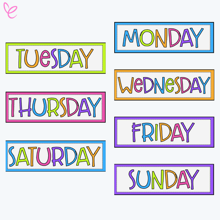 Bright Days of the Week labels, including all seven days, each framed in a vibrant coloured border and styled with playful rainbow lettering.