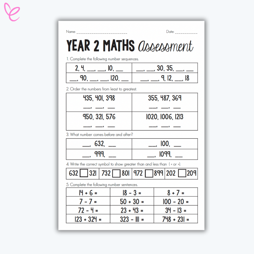 Year 2 Mathematics assessment worksheet with tasks for number sequences, ordering numbers, identifying greater and less than symbols, and solving addition and subtraction problems.