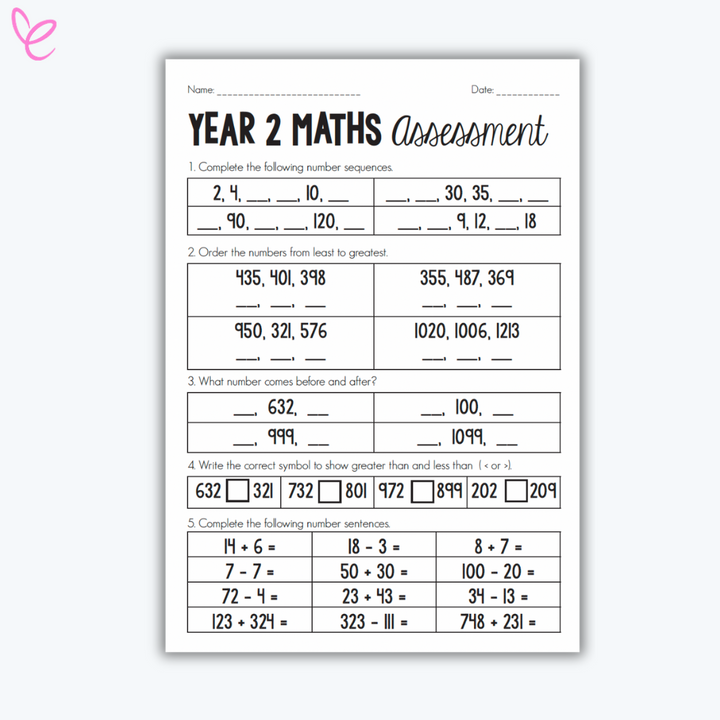 Year 2 Mathematics assessment worksheet with tasks for number sequences, ordering numbers, identifying greater and less than symbols, and solving addition and subtraction problems.