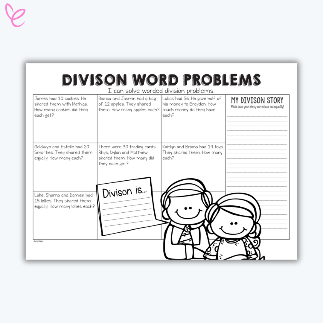 Division Word Problems worksheet designed for Grade 2 students, showcasing division scenarios such as sharing cookies, apples, and money, alongside a section for students to write their own division story and definition.