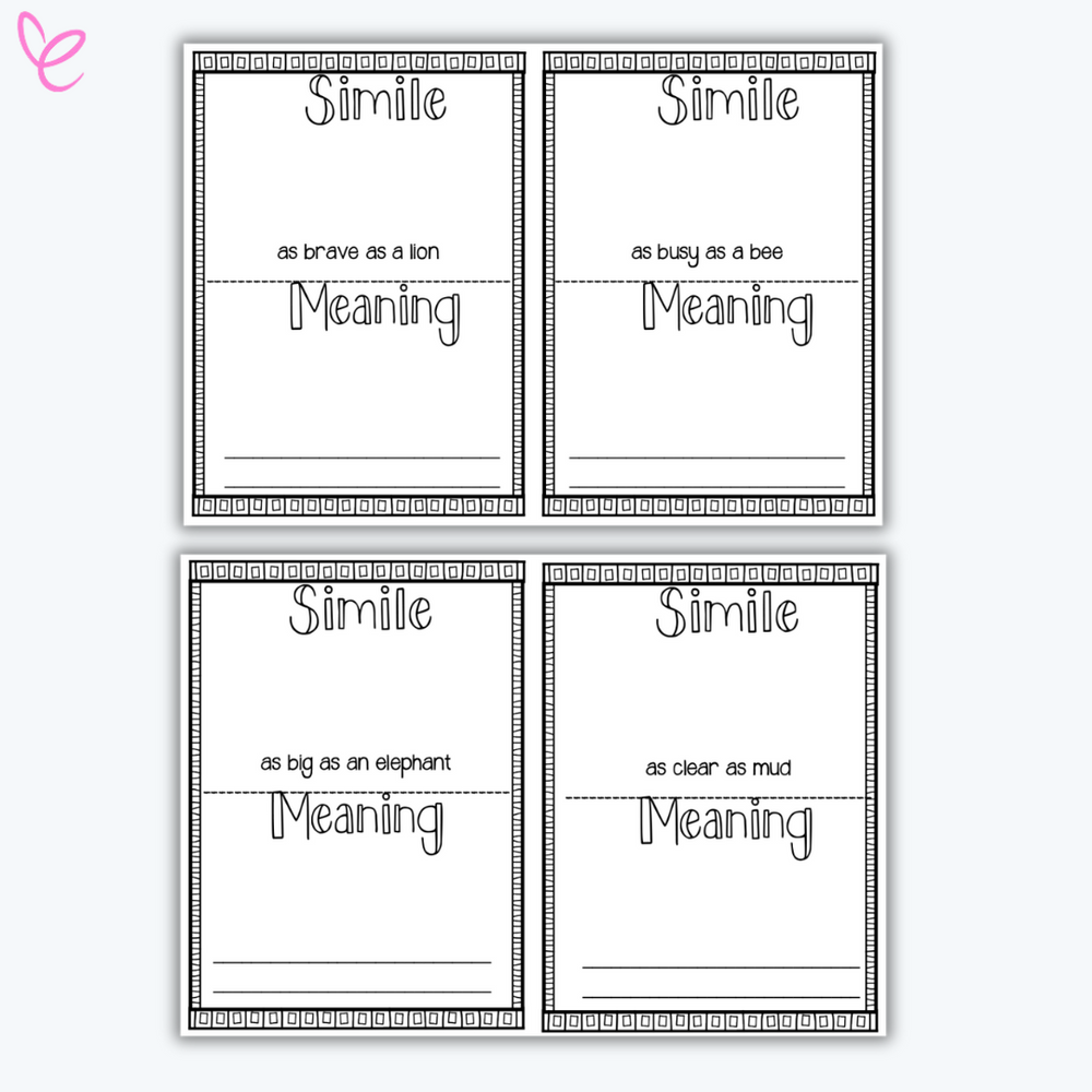 Four simile worksheets featuring phrases like 'as brave as a lion,' 'as busy as a bee,' 'as big as an elephant,' and 'as clear as mud.' Each page includes sections to define the simile and create a sentence.