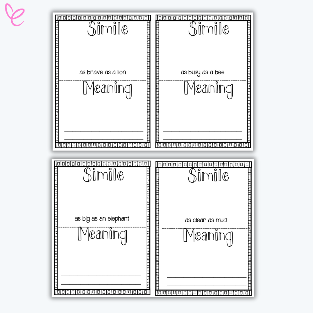 Four simile worksheets featuring phrases like 'as brave as a lion,' 'as busy as a bee,' 'as big as an elephant,' and 'as clear as mud.' Each page includes sections to define the simile and create a sentence.