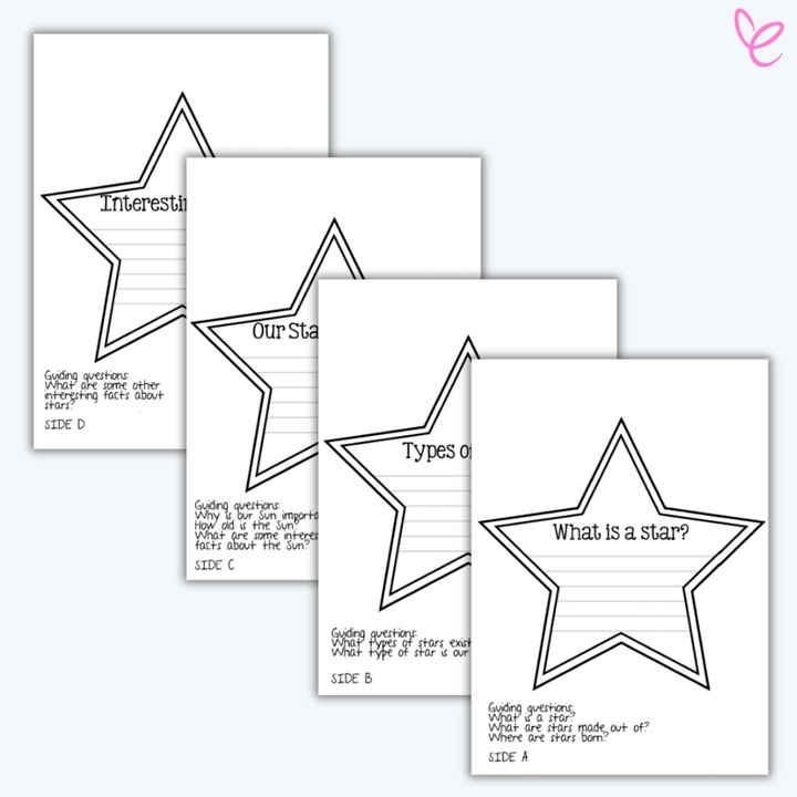 Four star-shaped worksheet templates for a stars mini-report craftivity, featuring guiding questions such as 'What is a star?' 'Types of stars,' 'Why is our sun important?' and 'Interesting facts about stars.' Each template includes lined spaces for writing.