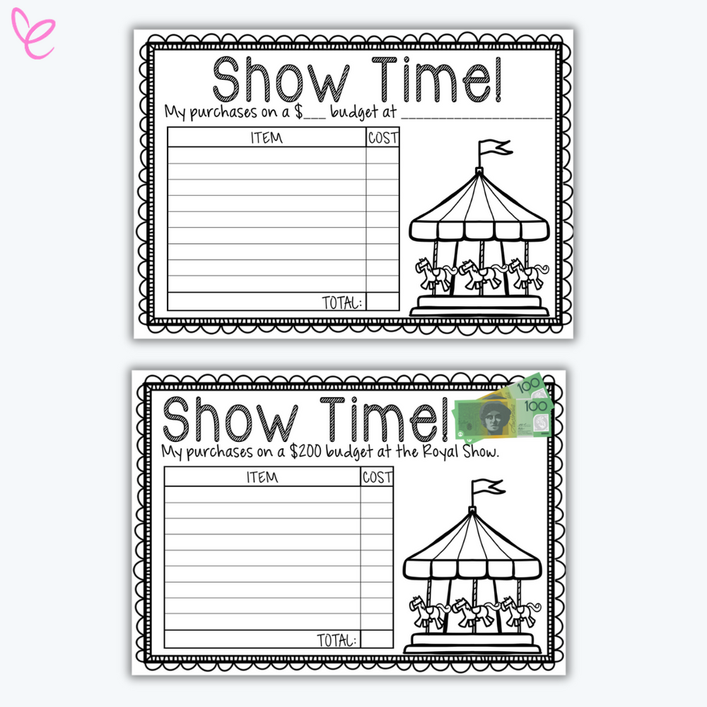 Activity worksheet titled 'Show Time!' featuring a carousel graphic, item and cost columns for budgeting on a set amount, with a $200 budget example shown.