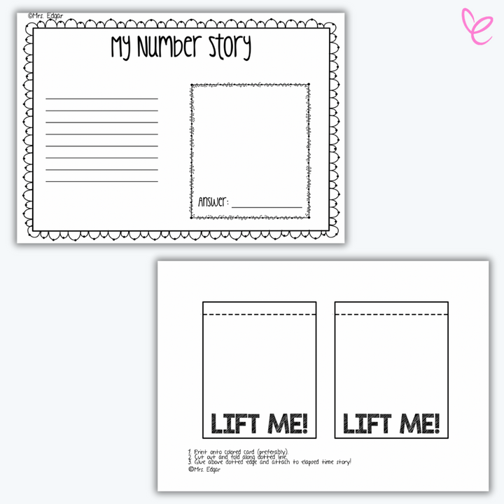 A black-and-white worksheet titled 'My Number Story' with lined spaces for writing a math story and providing an answer, alongside a bordered section for drawing or pasting illustrations.